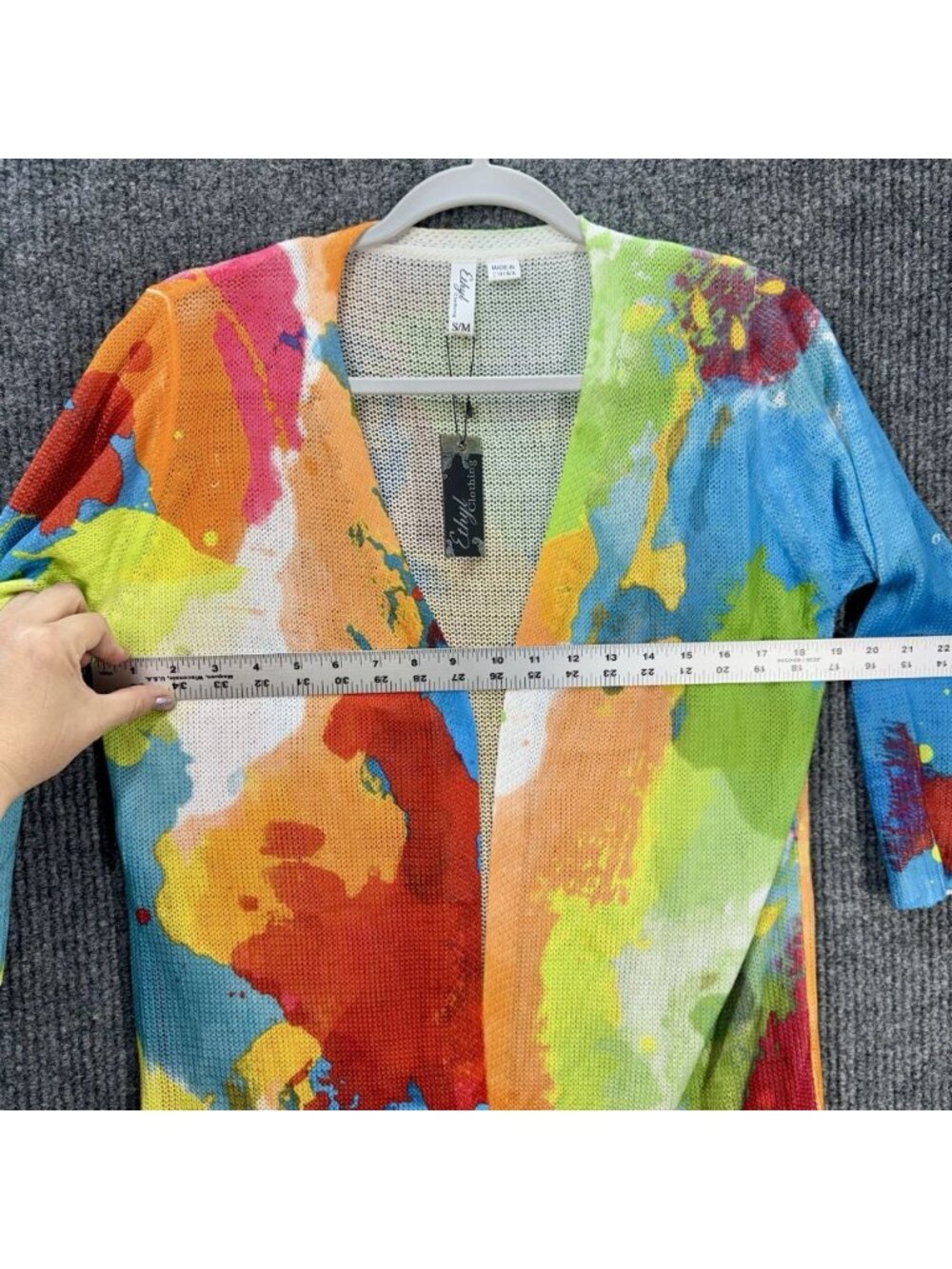 Ethyl Paint Splatter Cardigan Women’s S/M Multicolor Open Front Knit 3/4 Sleeve - Picture 8 of 10